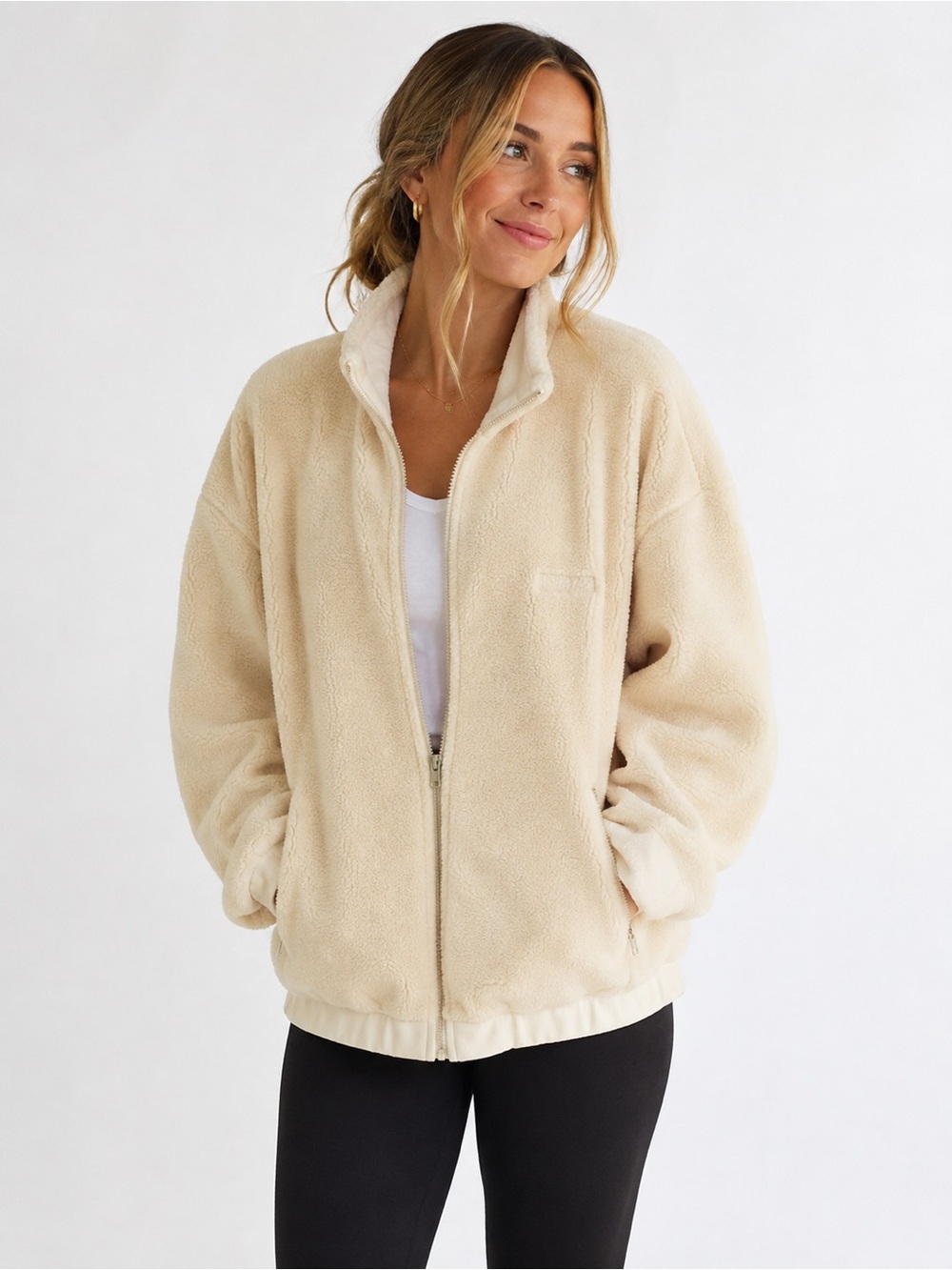 Lands' End Plush Full‑Zip Teddy Jacket - Cream